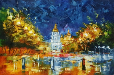 Картина олією міський пейзаж «Сяючий Київ» купити живопис для сучасних інтер'єрів Україна