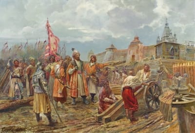 Картина олією історичний пейзаж «Гетьман Сагайдачний перед Арбатськими воротами Москви» купити живопис для сучасних інтер'єрів Київ
