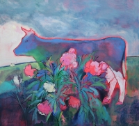 Картина абстракція NEON COW AND PEONY BUSH купити живопис для сучасних інтер'єрів