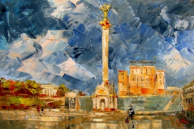 Картина олією міський пейзаж «Майдан» купити живопис для сучасних інтер'єрів Україна
