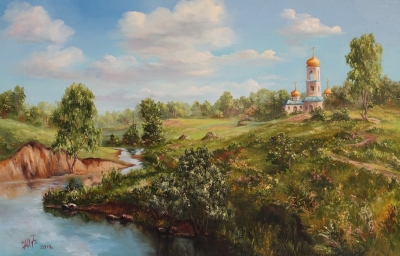 Картина олією пейзаж «Біля річки» купити сучасний живопис Україна