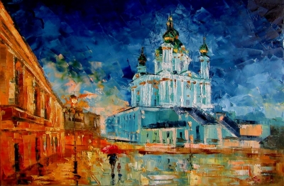 Картина олією міський пейзаж «Вечірній Андріївський узвіз» купити живопис для сучасних інтер'єрів Україна