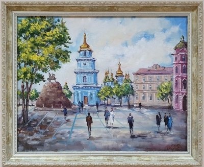 Картина олією київський міський пейзаж «Види Києва. Софійська площа» купити сучасний живопис Україна