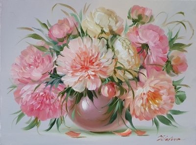 Картина квіти «Рожеві півонії - ніжність у кожній пелюстці» купити сучасний живопис Київ
