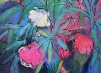 Картина абстракція NEON COW AND PEONY BUSH купити живопис для сучасних інтер'єрів