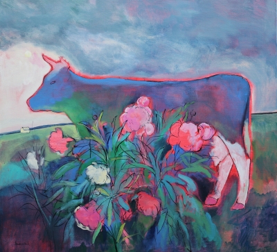 Картина абстракція NEON COW AND PEONY BUSH купити живопис для сучасних інтер'єрів