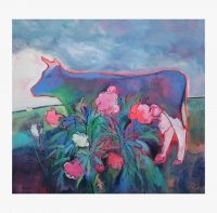 Картина абстракція NEON COW AND PEONY BUSH купити живопис для сучасних інтер'єрів