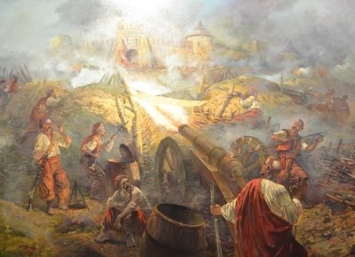 Картина олією історичний пейзаж «Осада Жванецького замку, осінь 1653 року» купити живопис для сучасних інтер'єрів Київ