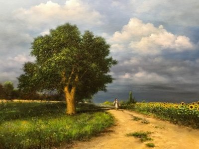 Картина олією сільський пейзаж «Хуторянка» купити сучасний живопис Україна