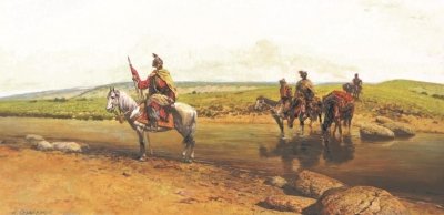 Картина олією історичний пейзаж «На переправі» купити живопис для сучасних інтер'єрів Київ