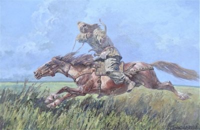 Картина олією історичний пейзаж «Скіфський лучник» купити живопис для сучасних інтер'єрів Київ