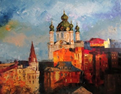 Картина олійними фарбами пейзаж «Сонячний день. Андріївський спуск» купити живопис для сучасних інтер'єрів Україна