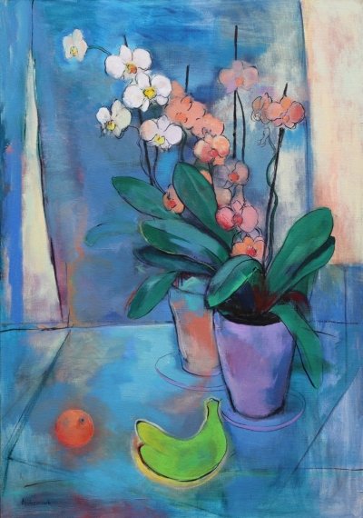 Картина натюрморт ORCHIDS & GREEN BANANA купити живопис для сучасних інтер'єрів