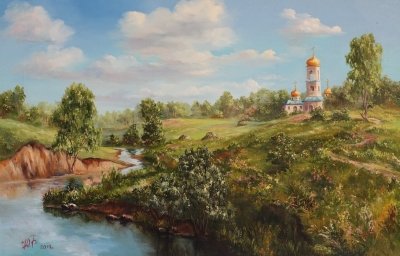 Картина олією пейзаж «Біля річки» купити сучасний живопис Україна