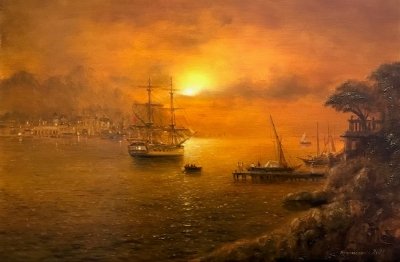 Картина олією морський пейзаж «Вечірня бухта» купити сучасний живопис Україна