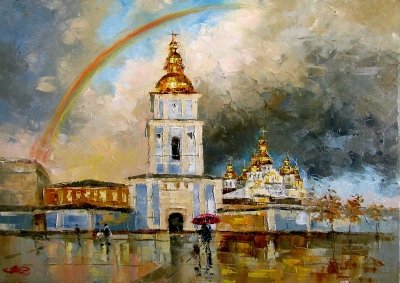 Картина олією міський пейзаж «Райдуга над Києвом» купити живопис для сучасних інтер'єрів Україна  