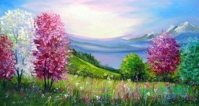 Картина пейзаж «Весна у горах» купити живопис для сучасних інтер'єрів Україна